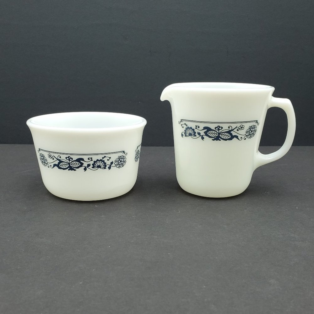 Pyrex Old Town Blue Creamer & Sugar Bowl Corningware Blue Onion Sugar Creamer